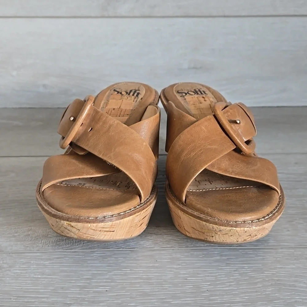 Sofft Women Leather Stylish Tan Wedge Sandals Shoes 7.5M